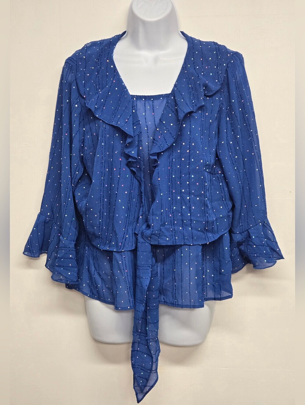 Dressbarn Woman M - L 2 Pc. Sheer Top Set  Serquins Embroidered Stripes Ruffled